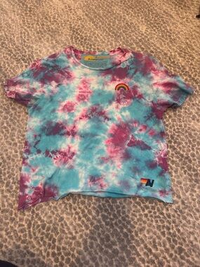 Aviator Nation women’s  Tie-Dye Tee in Pink & Turquoise with Rainbow Patch